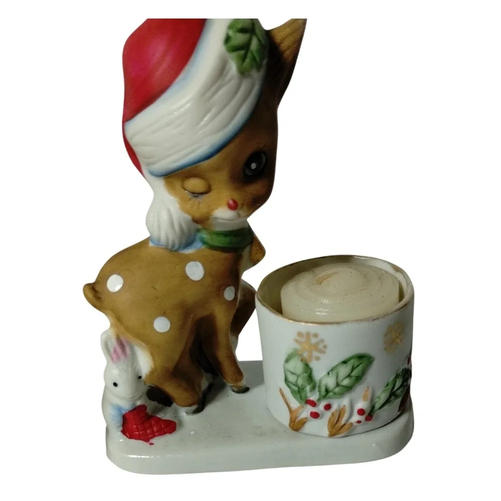 Vintage 1978 Little Reindeer‎ Candle Holder Bisque Porcelain Christmas Decor